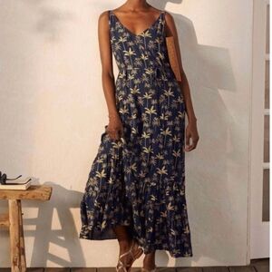Boden Navy and Gold Palm Print Maxi Dress